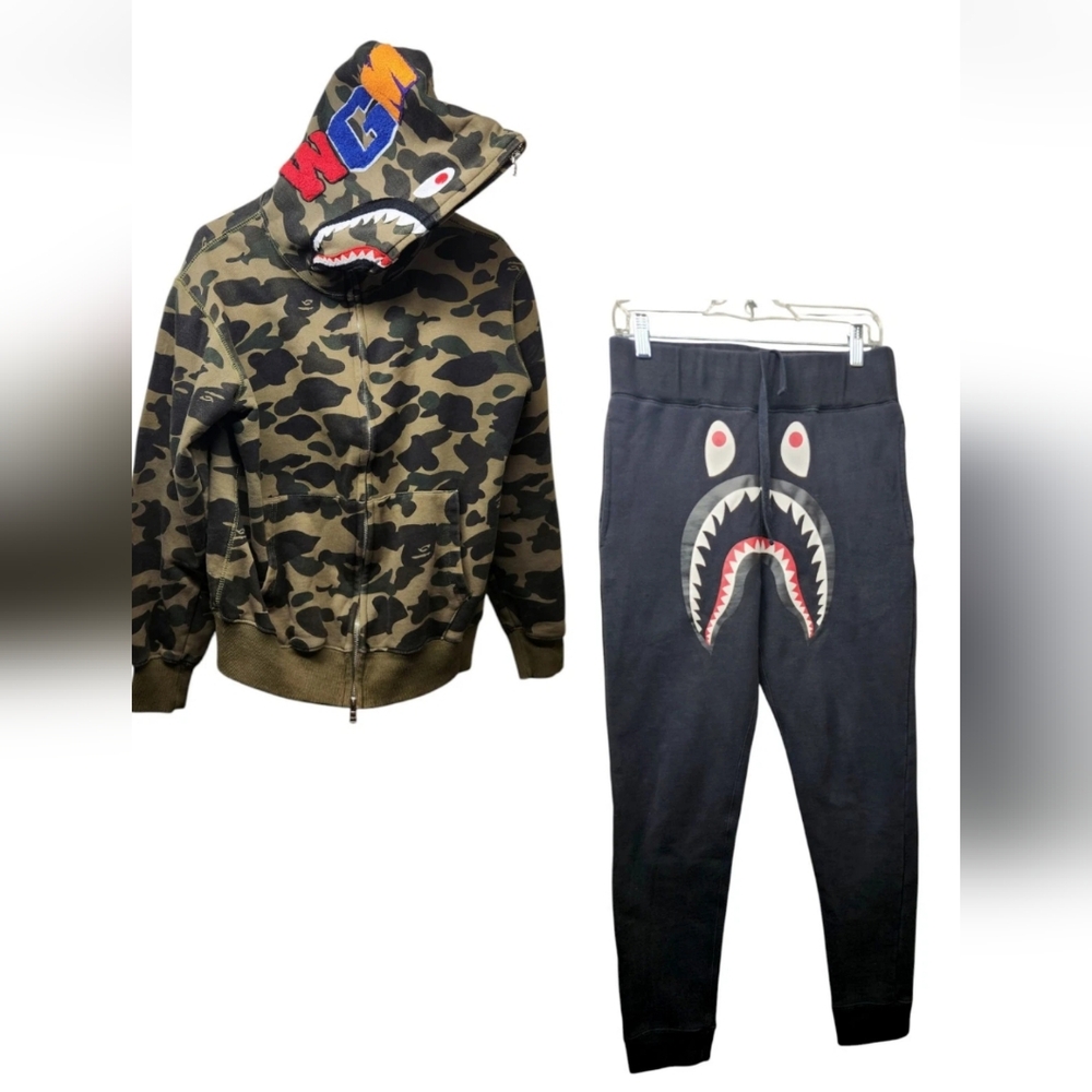 Bape 1st Camo Shark Full Zip Hoodie Green Matching Sweatpants Black Camo Medium